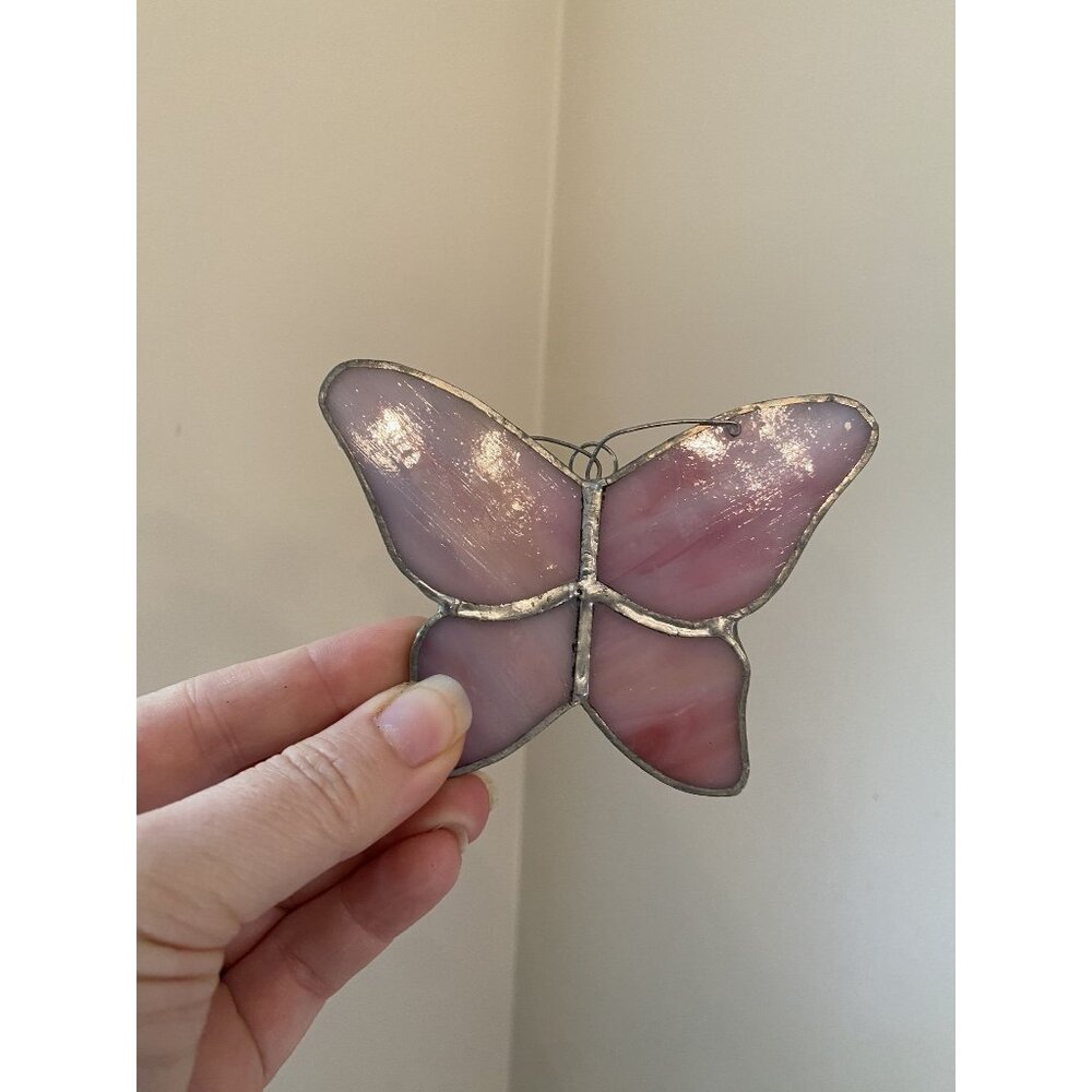 Handcrafted Stained Glass Pink Butterfly Hanger 3.5"x4.5"  Window Or Wall Decor